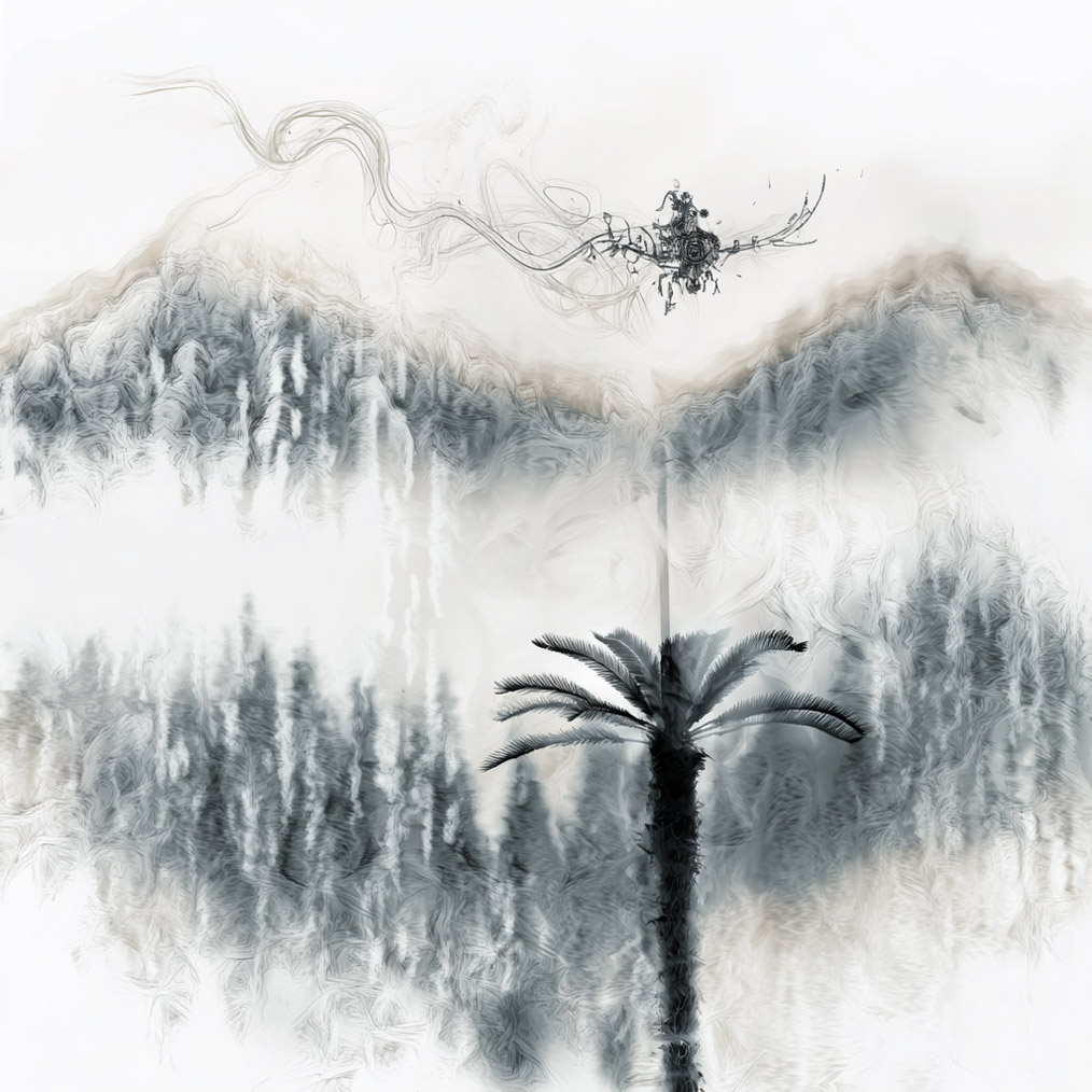 A wet-on-wet ink drawing showing a cycad tree with the impression of trees and mountains behind, and a whispy, vaguely mechancial object flying above it.