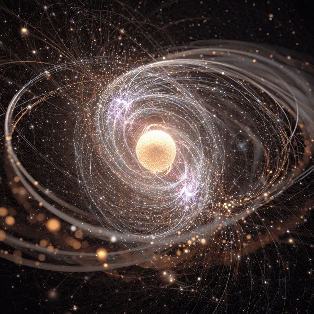 A glowing orb surrounded by swirling lines and sparkles against a dark background.