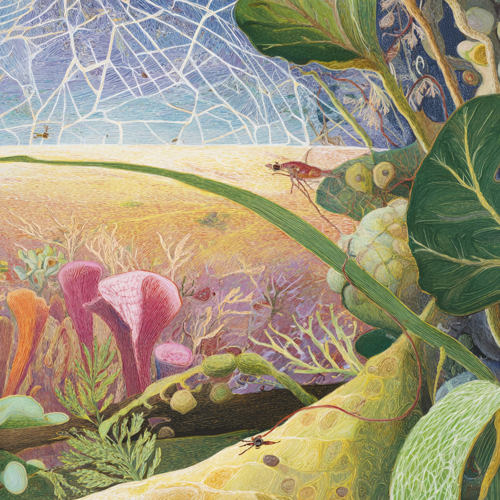 Various plants and corals crowd the foreground. An insect balances on a blade of grass. In the background more insects hover over a golden plain, with a faceted sky above.