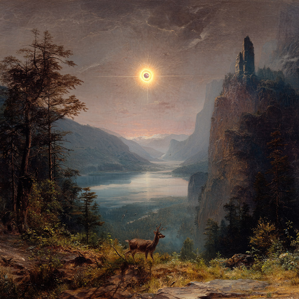 An oil painting of forest cliffs overlooking a river, with a deer standing at the edge. The sun has a pupil: a shining eye in the sky.