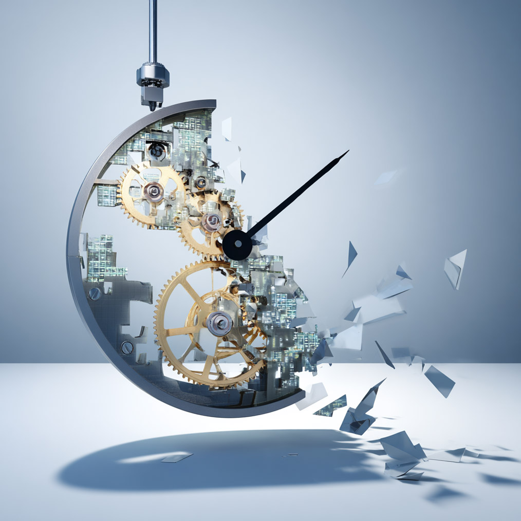 A 3D rendering in a white box of a clock with gears and circuit board visible and no numbers, suspended by an off-center rod to something above out of frame. The right side is fragmenting, and it has only one hand, pointing where 2 would be.