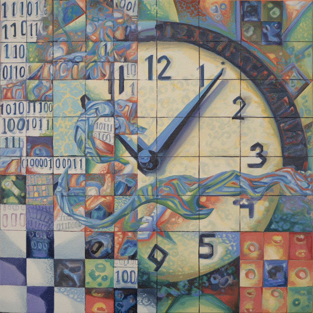 A clock painted in a grid, with half of the clock dissolving in patterns and colors, including binary code and flowing ribbons of color. The minute hand points to 1, and the hour hand, partially obscured, points to where 10 would be.