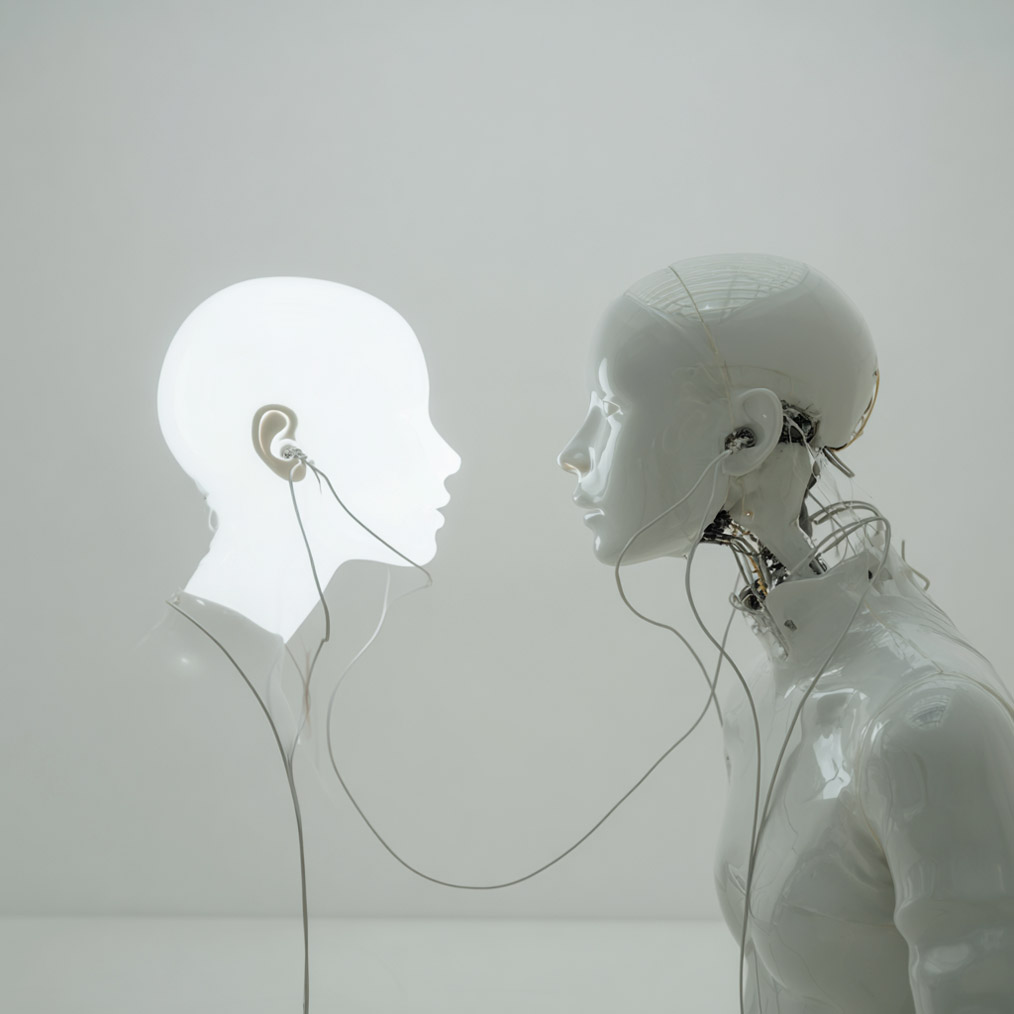 Two robots face one another. The left one's body is not visible, but its head glows a stark white, with only the outline of an ear differentiated. The right one is covered in a shiny white latex, aside from an exposed mechanical neck. They share a pair of wired earbuds.