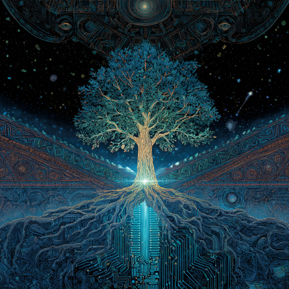 A tree grows with visible roots full of glowing circuits and a light shining at the base of its trunk. In the night sky above, an indeterminate shape, like a space ship, covers the entire top of the picture. 