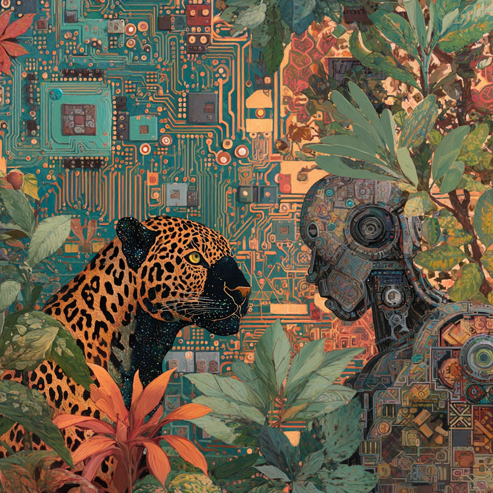 A jaguar with galaxy patterned ears and snout faces a humanoid robot, surrounded by circuit boards and plants.
