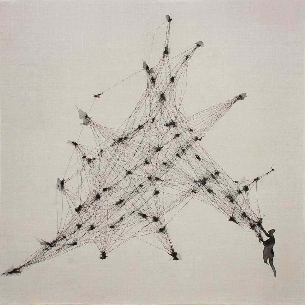 A minimal graphite and ink drawing of a net of lines and dots being held on one corner by a silhouetted human figure.
