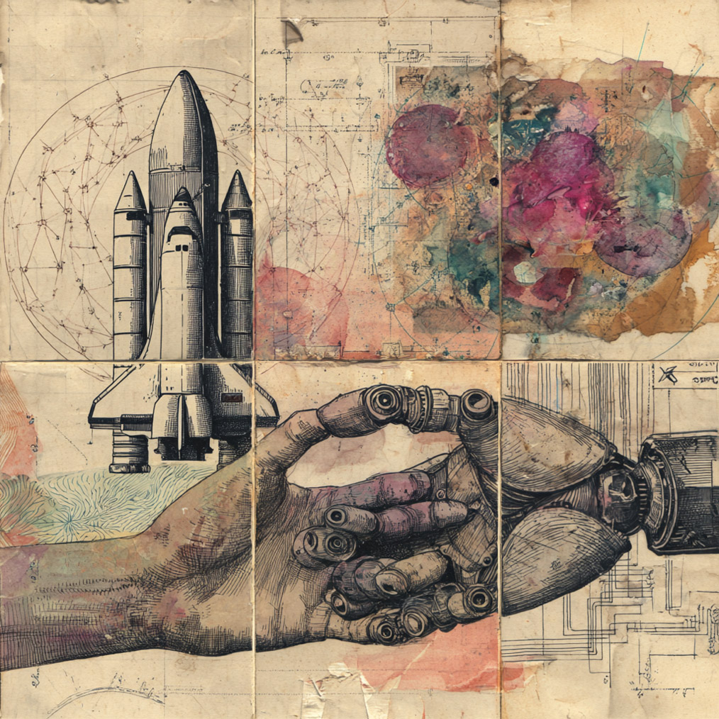 A watercolor and ink sketch across six pages (three by two). To the left, a rocket is docked, to the right, an explosion of color. Across the bottom three pages, a outstretch human hand merges with a mechanical hand.