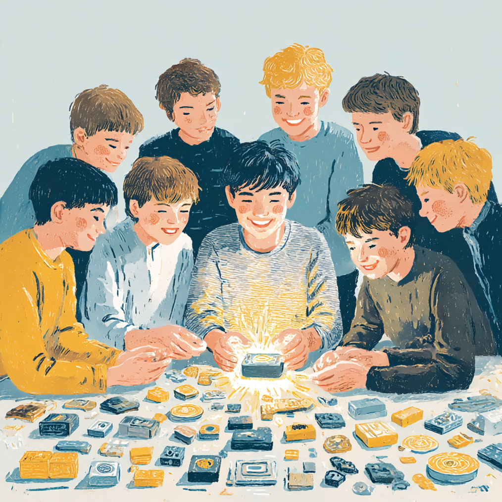 Nine smiling boys crowd around a table neatly laid out with various unidentifiable devices. The center boy holds a glowing device.