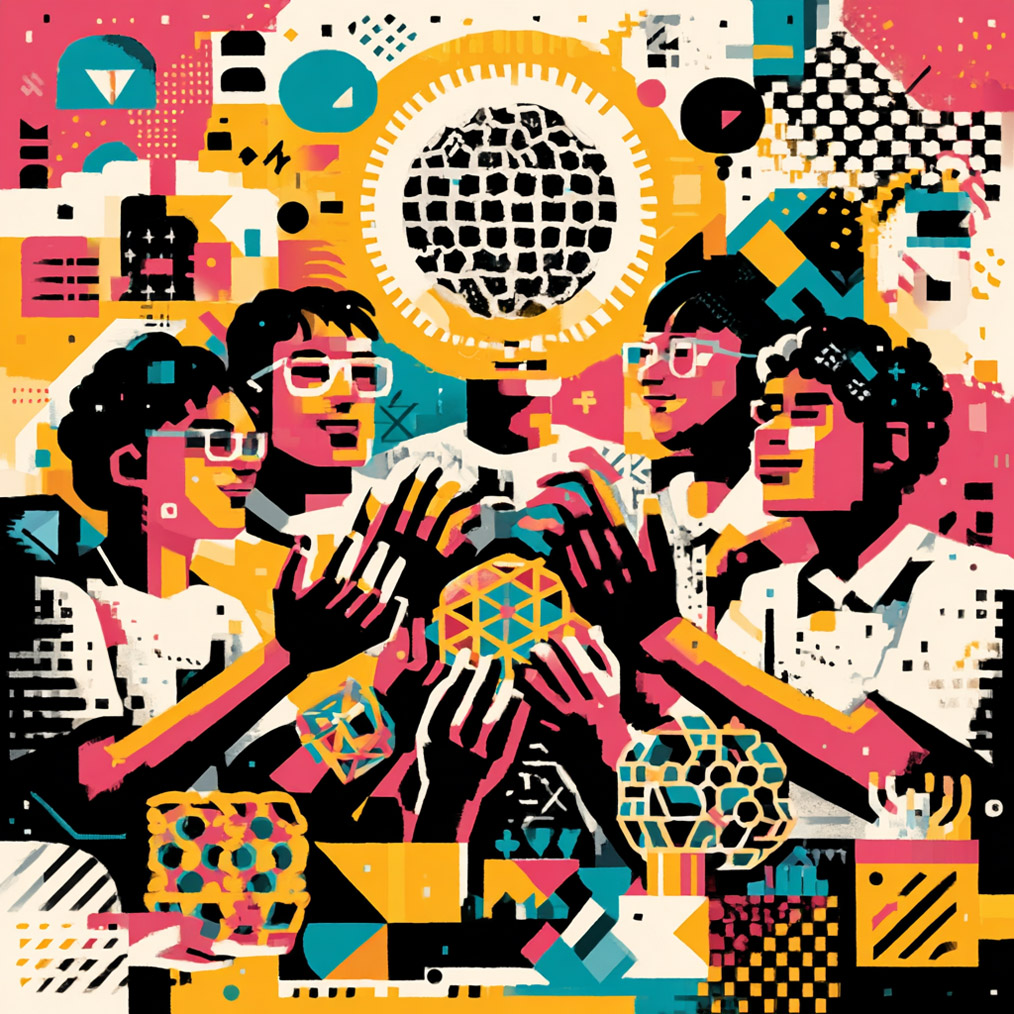 A bright, graphic, textured illustration in pink, yellow, blue, black, and white. Several people in a circle raise their hands toward a floating orb. Around them are objects that resemble puzzle balls and cubes, and in the background are indeterminate icons.