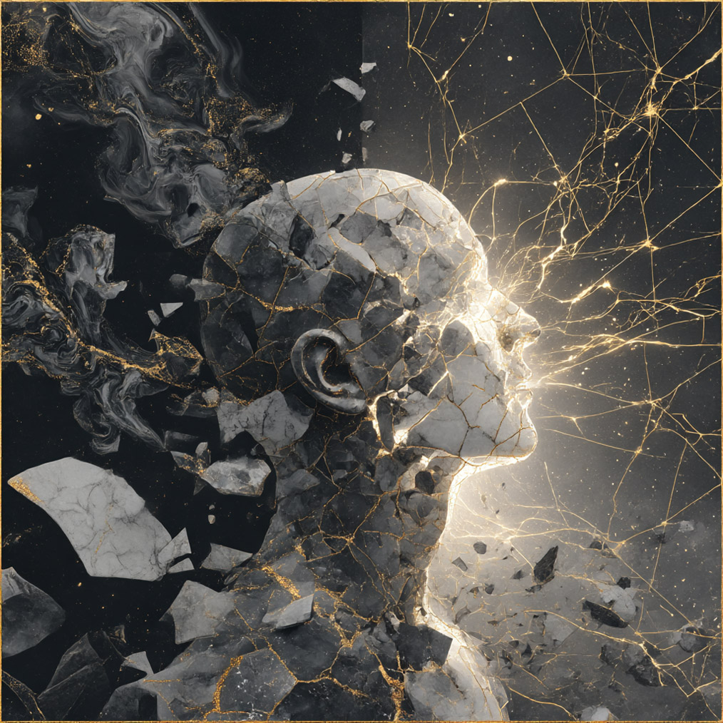 A stone human statue shown from shoulders up, breaking in pieces with gold, glowing cracks.