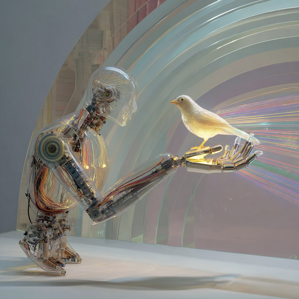 A robot torso ending in two nubs made of glass over exposed machinery and wires. A glass bird sits facing the robot on its outstretched hand, a raindow refracting through its back. Behind them a glass, irisescent arch is partially visible.