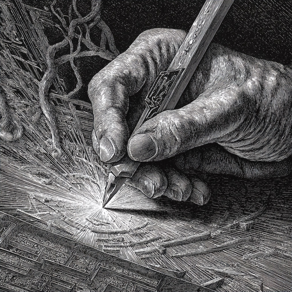 An ink drawing of a hand holding a pointed tool with an engraved handle, light emerging from the point, with maze-like patterns and vines surrounding.