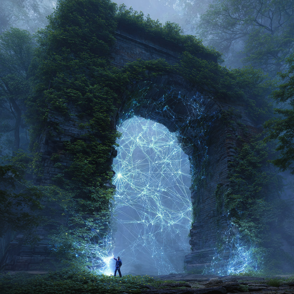 In a foggy forest, a towering ivy-covered stone arch is filled by a glowing blue neural network. At the base, a small figure touches the arch, and light spreads from their hand.