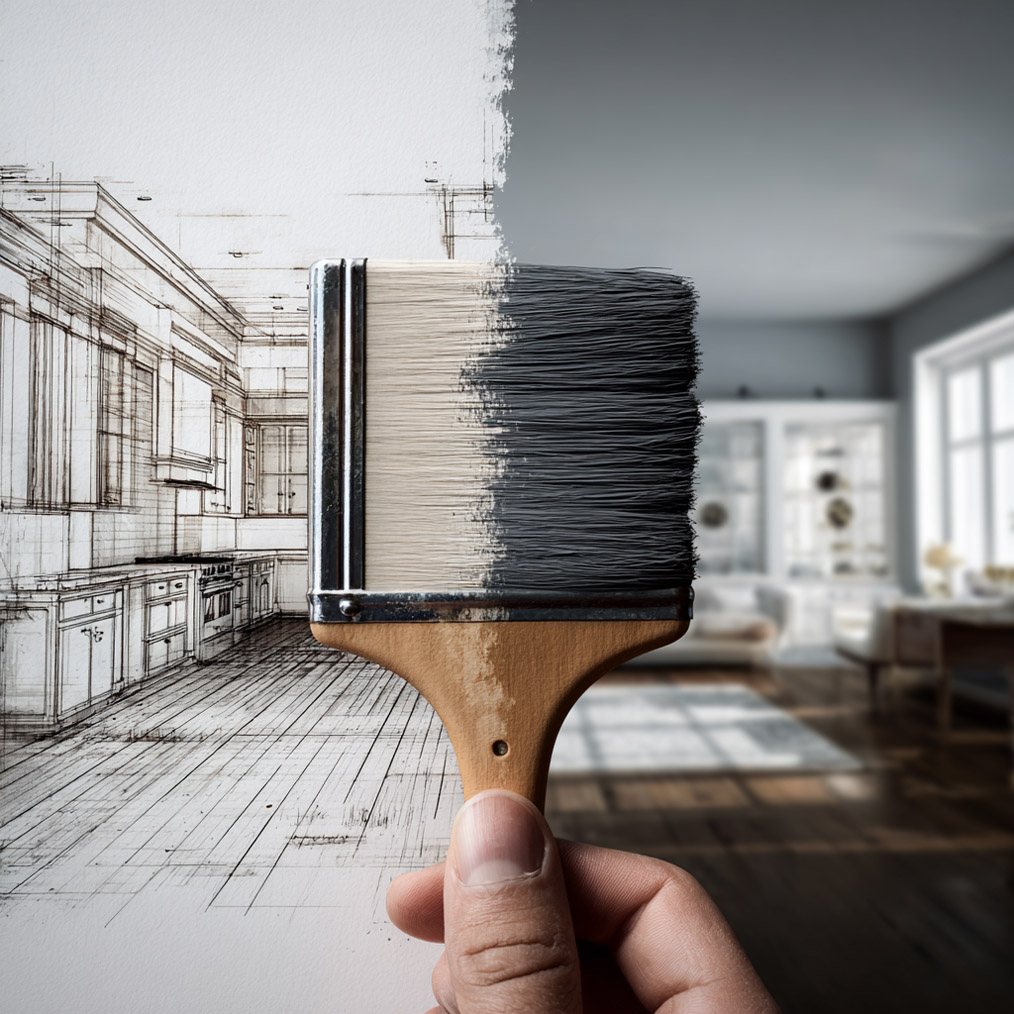 A hand holds up a paintbrush, except the bristles are turn 90 degrees and placed on the upright handle. The image is split down the middle of the brush, with the left side sketched and the right rendered. The bristles on the left are clean, and the right ones are gray.