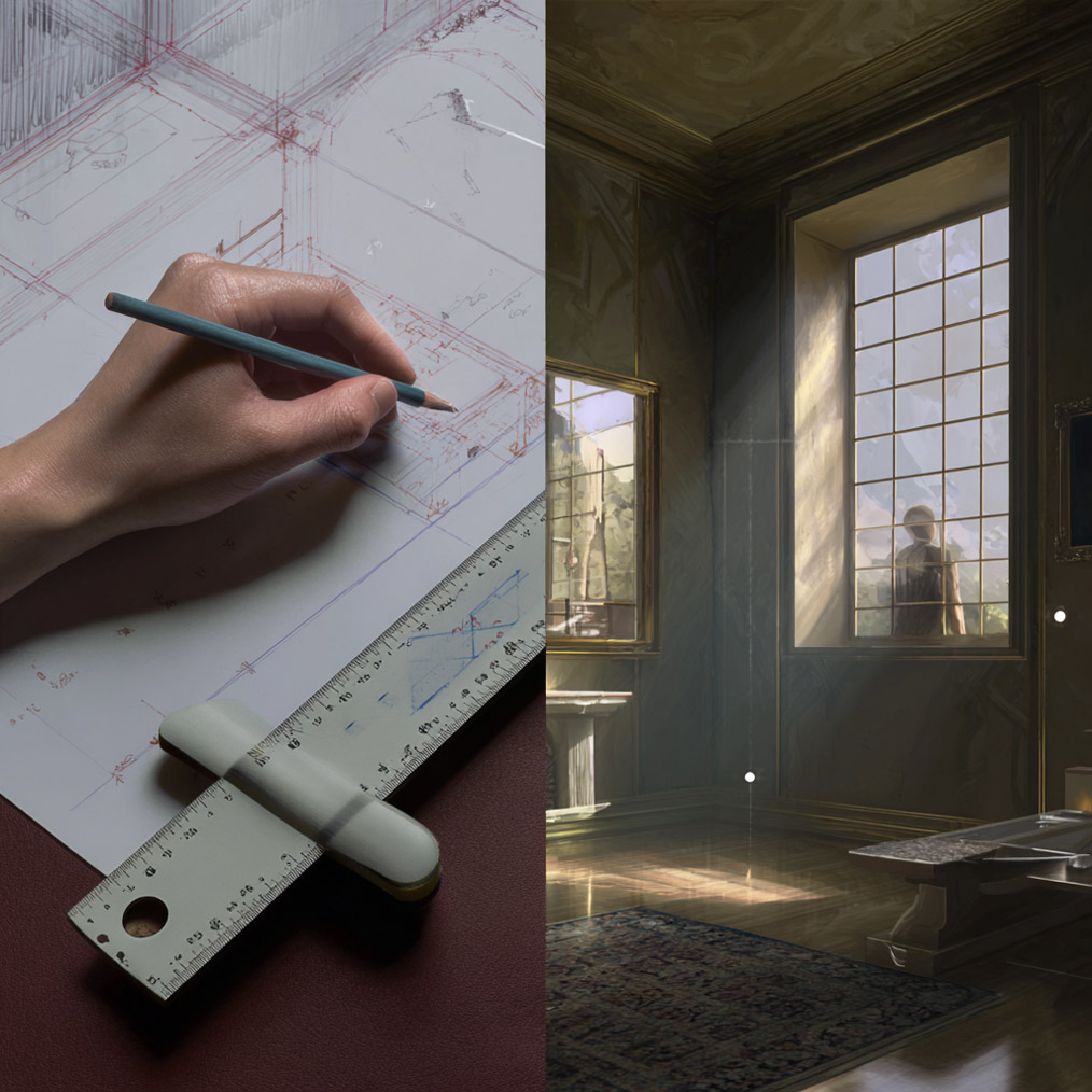 In the left half, a photorealistic hand draws an architectural plan. In the right half, A large window streams light into the corner of a grand room, with a human figure silhouetted standing outside.