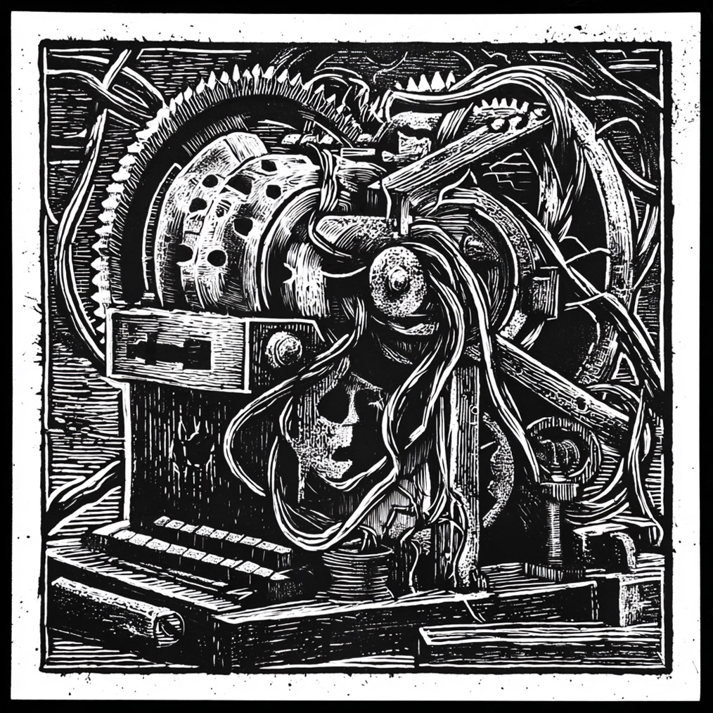 A block print of a machine with some large visible gears covered in vines. The vague impression of a human face emerges from a cluster of vines on the machine.