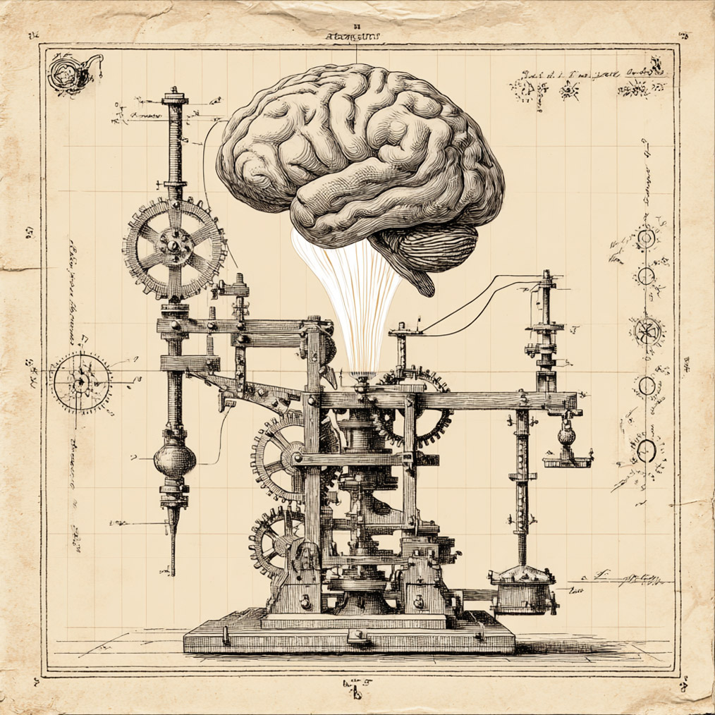 A technical drawing of a machine made of wood, metal, and gears. A brain emerges from the machine, floating above.