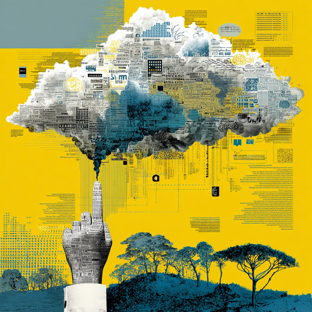 A collaged graphic on a bright yellow background of a grey hand pointing up at a grey cloud, blue spreading onto the cloud from the pointed finger. Below are blue hills and trees. Indecipherable text, icons, and diagrams are scattered across.
