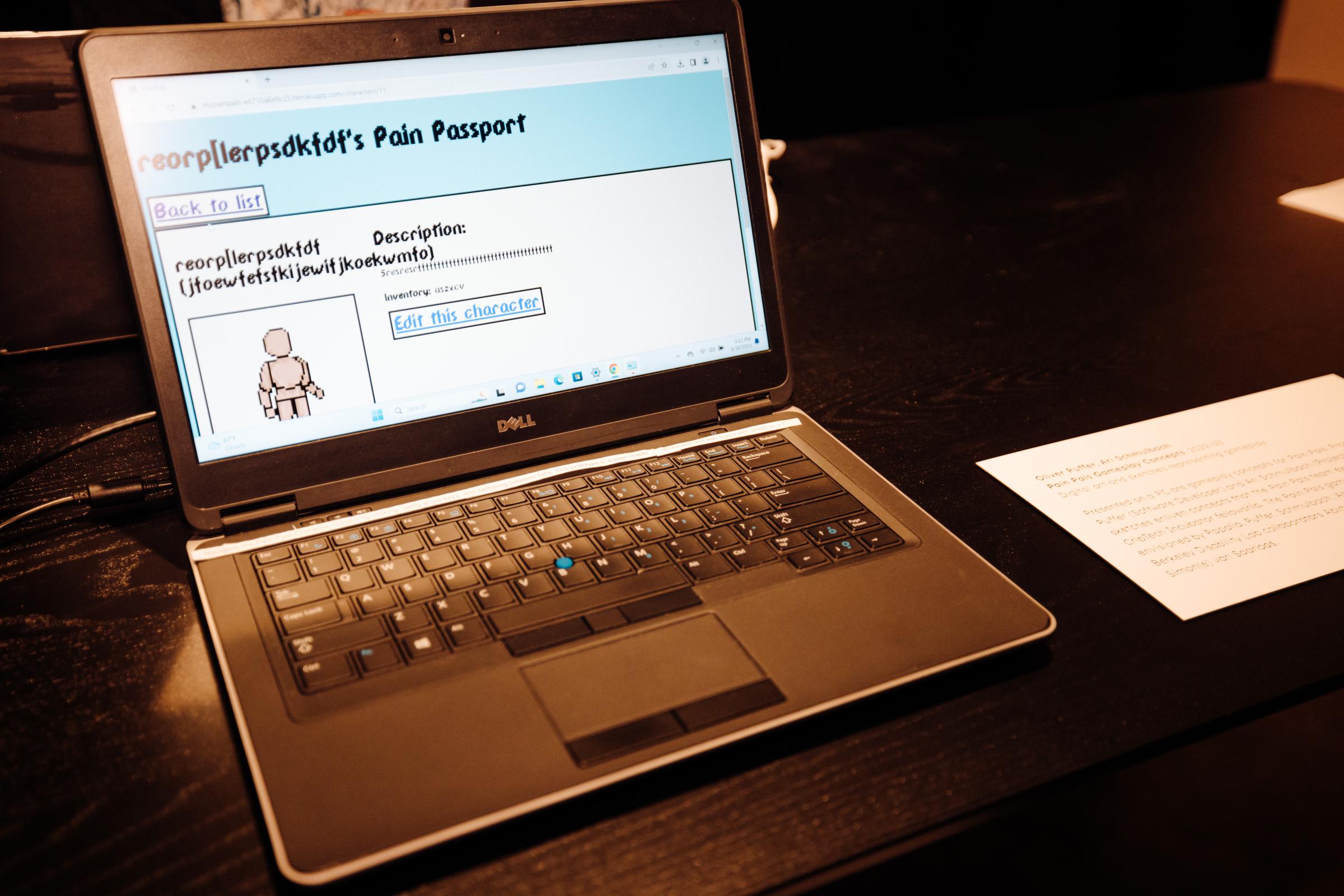 PC laptop with character creator pain passport pulled up. Displayed is a visitor created pain Passport with keysmash for all fields. On the left is a tan colored mannequin.