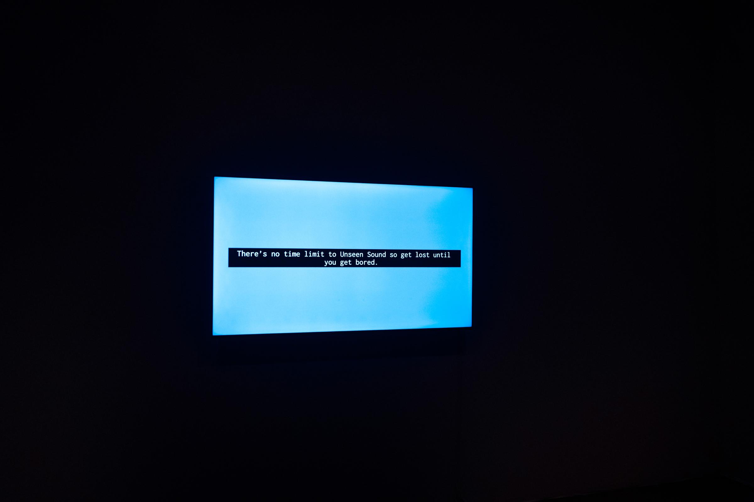 Monitor displaying a blue background with white text and black highlight around. Text reads "There's no time limit to Unseen Sounds so get lost until you get bored."