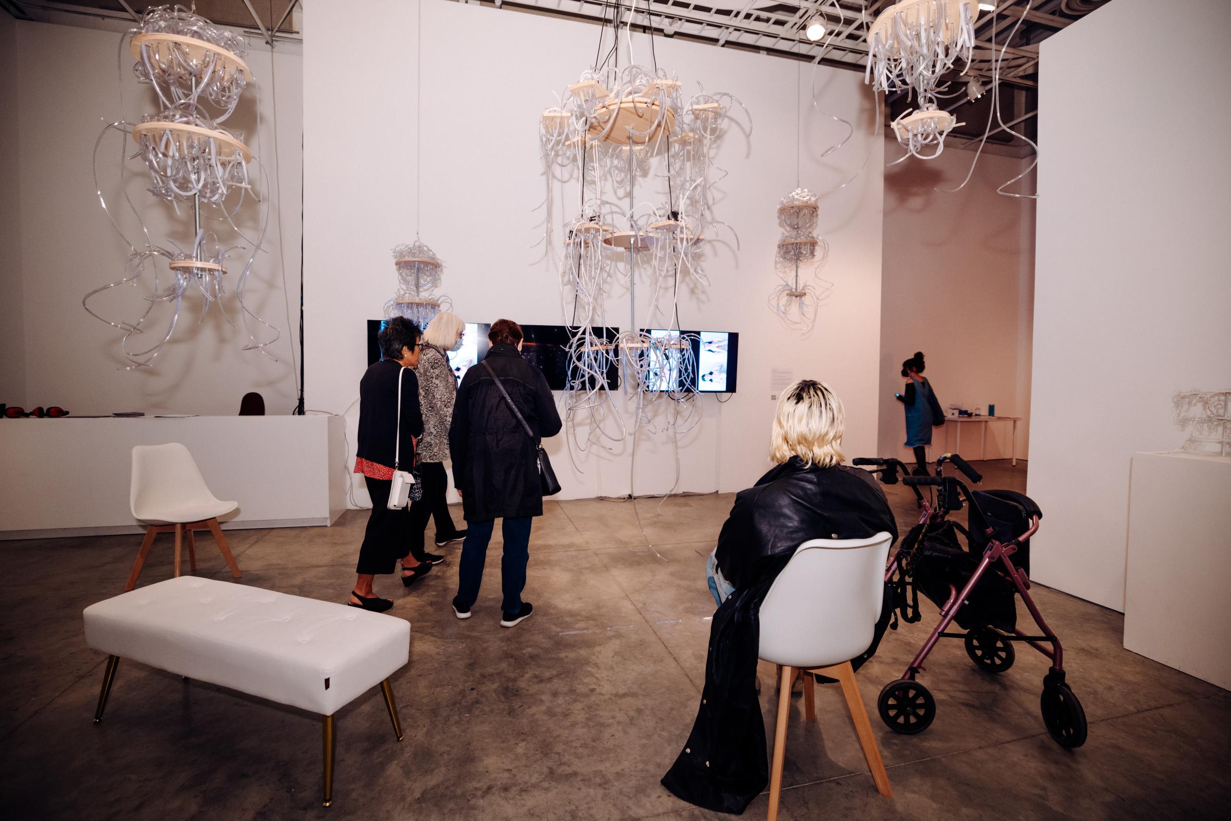 Three visitors standing and one visitor sitting, looking at multiple multi-tiered suspended chandeliers threaded with plastic and rubber tubing. 

