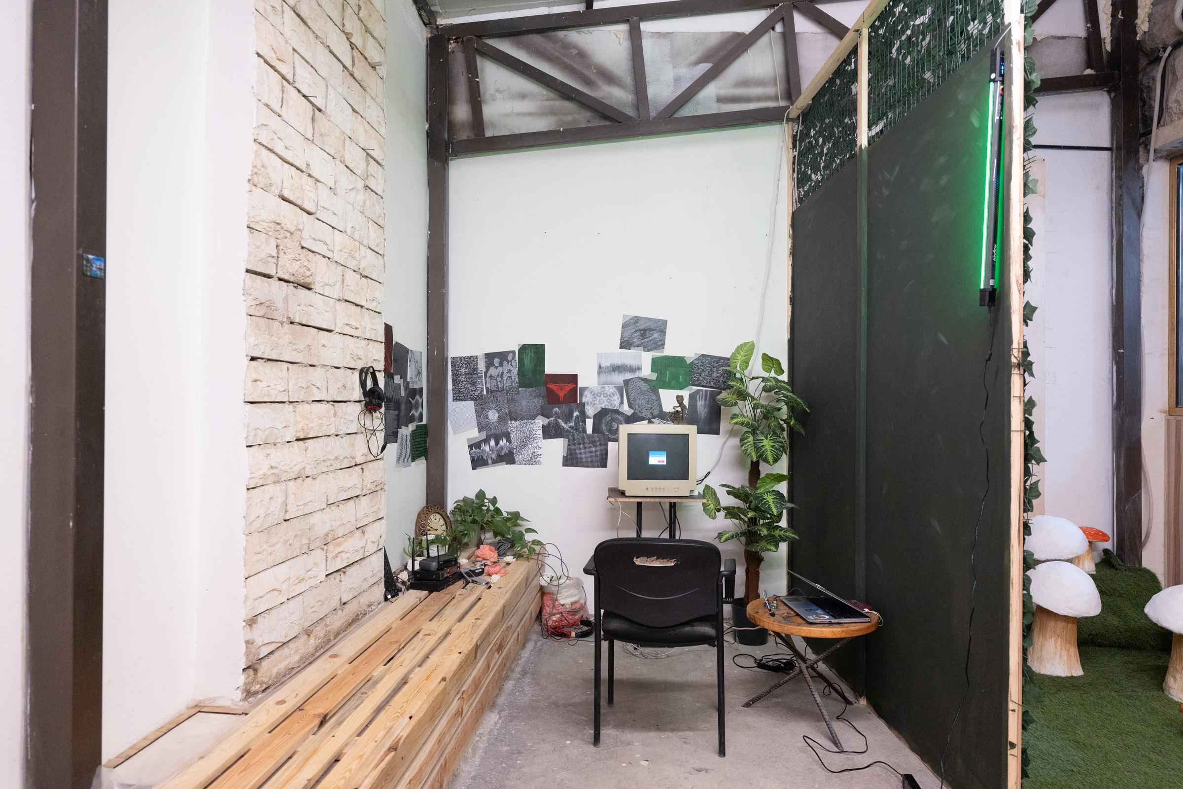 Overview of space with greyscale images plastered on the wall, plants in the corner, a chair in the center facing an old computer monitor.