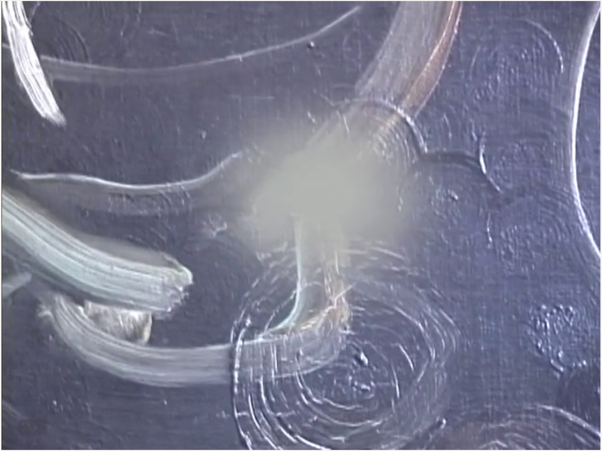 Video still with swirls and paint strokes, centrally is a grey splotch. 