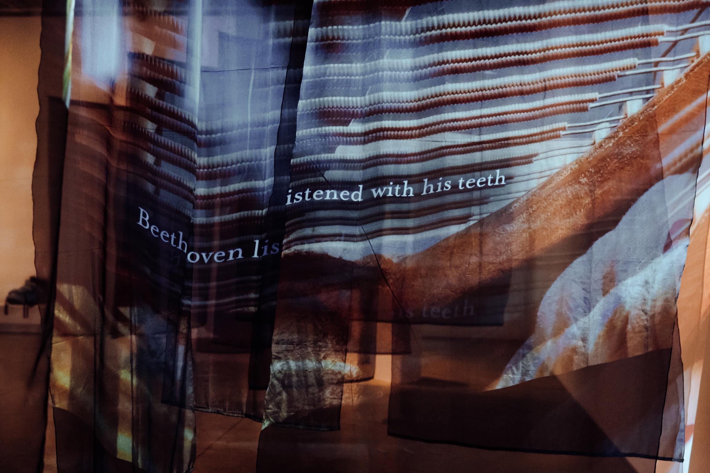 Projected in white onto translucent black fabric, the words “Beethoven listened with his teeth” are written against a blurry image of a piano. 

