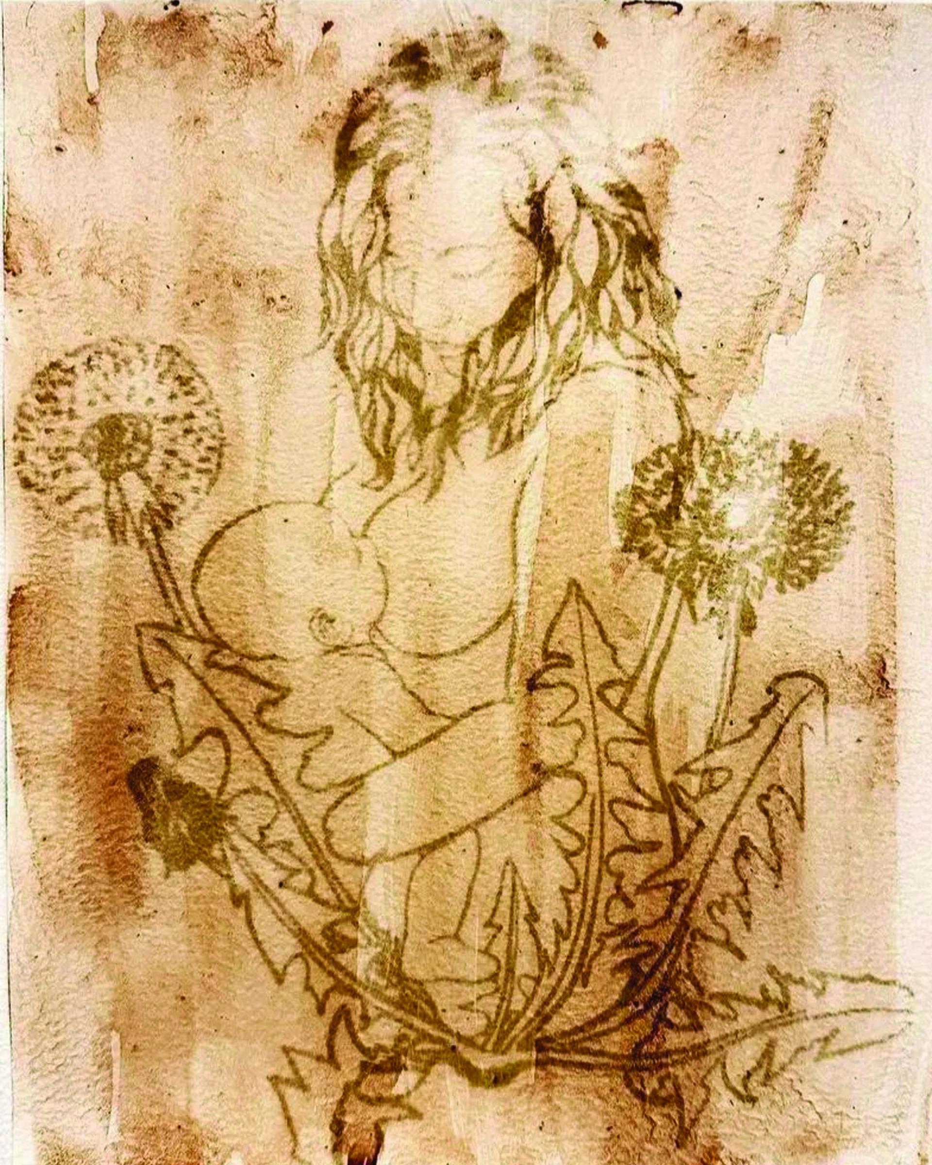 The print is shades of brown with darker lines, creating the image of a mother breastfeeding her
child in the embrace of a dandelion.