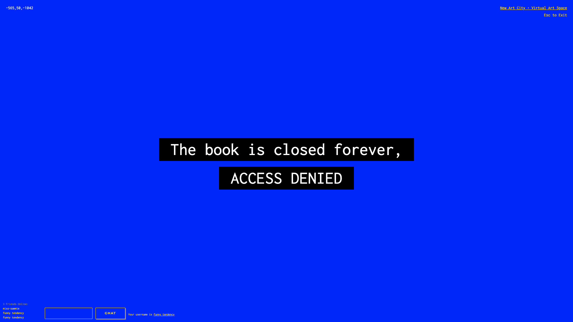 Deep blue screenshot, in the middle reads "The book is closed forever, ACCESS DENIED"