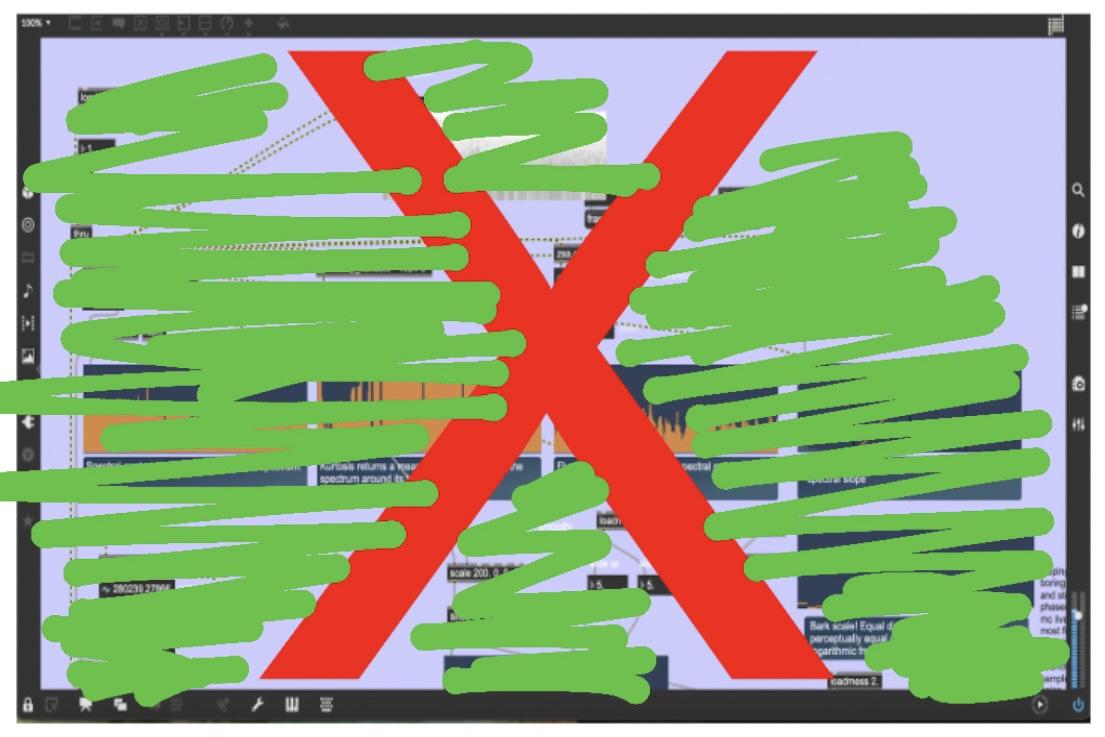 A Max patch with a purple background has a big red X and green lines and squiggles overlaid on the patch, in an attempt to make it less useful for more people! Under this, some objects, which include blue and orange Zsa.descriptors, Max Cords, MSP cords, and text, pop out.