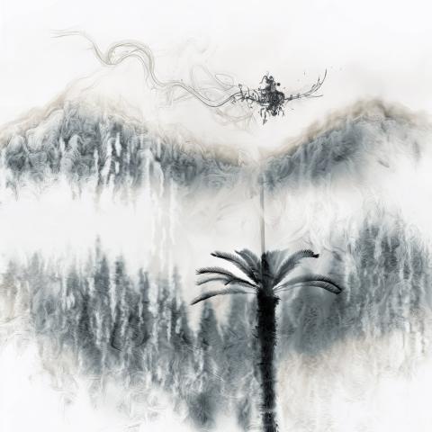 A wet-on-wet ink drawing showing a cycad tree with the impression of trees and mountains behind, and a whispy, vaguely mechancial object flying above it.