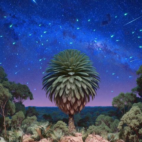 A cycad tree in a forest with glowing objects flying in the starry night sky above.
