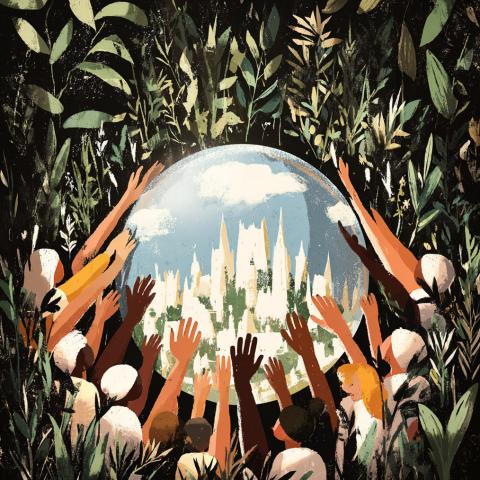 An illustration of a diverse group of people surrounded by greenery reaching toward the center to touch an orb with a city inside.