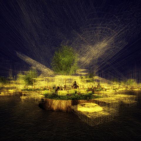 Countless overlapping gold lines of unidentifiable architecural renderings surround a tree stump against a dark background.