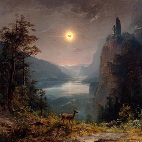 An oil painting of forest cliffs overlooking a river, with a deer standing at the edge. The sun has a pupil: a shining eye in the sky.