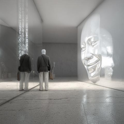 A man walks down a hallway with marble floors. The mirrored wall on the left shows his reflection with glowing symbols streaming from it to the ceiling. On the right, a floor-to-ceiling metallic mask smiles down on him.