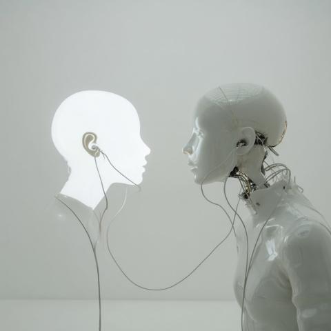 Two robots face one another. The left one's body is not visible, but its head glows a stark white, with only the outline of an ear differentiated. The right one is covered in a shiny white latex, aside from an exposed mechanical neck. They share a pair of wired earbuds.