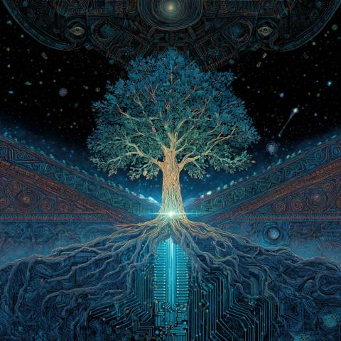 A tree grows with visible roots full of glowing circuits and a light shining at the base of its trunk. In the night sky above, an indeterminate shape, like a space ship, covers the entire top of the picture. 
