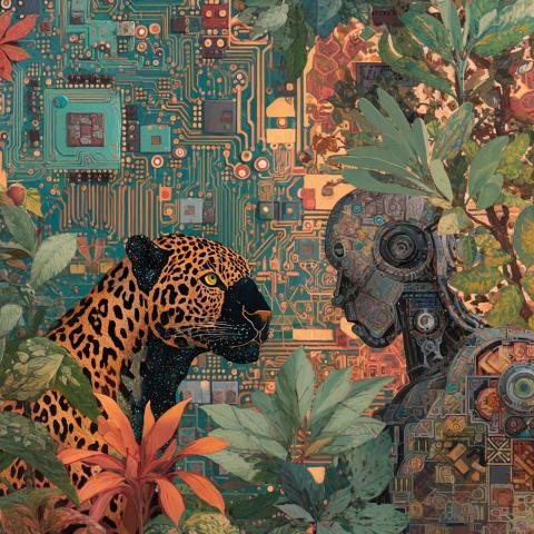 A jaguar with galaxy patterned ears and snout faces a humanoid robot, surrounded by circuit boards and plants.