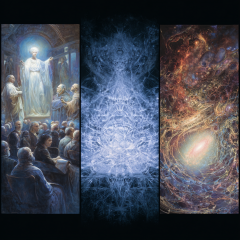 Three panels: the first shows a glowing, robed person speaking to a room full of men; the second is a glowing, complex network, vaguely mycelial yet neural; the last is a galaxy filled with mycelial webbing.