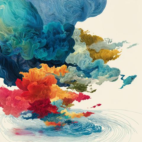 Billowing colorful clouds emerging from a vortex on a cream background. The cloud is blue, pink, red, orange, and green.