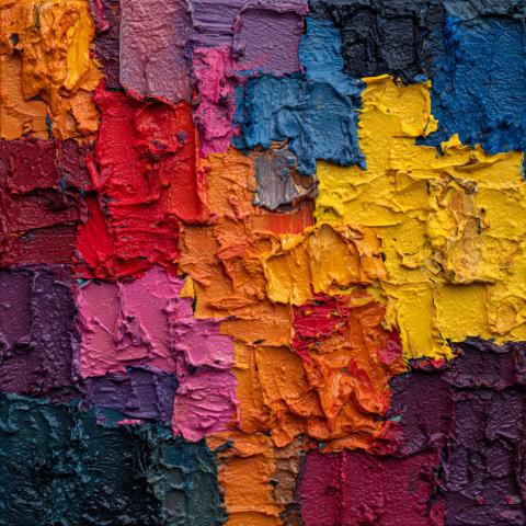 Abstract thick, textured blocks of colorful paint, as though applied with a palette knife. Orange, red, purple, yellow, blue, and pink.