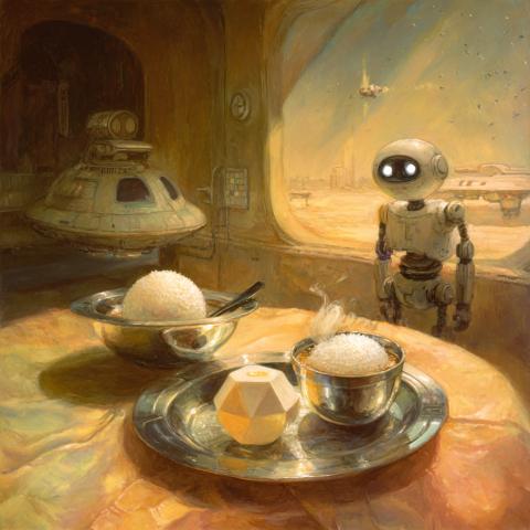 A robot looks over a table set with a large bowl containing a ball of rice and a serving platter containing a smaller, steaming rice bowl and a hexagonal, butter-yellow polyhedron.