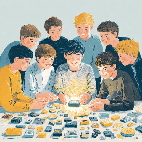 Nine smiling boys crowd around a table neatly laid out with various unidentifiable devices. The center boy holds a glowing device.