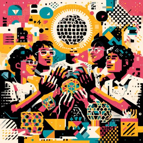 A bright, graphic, textured illustration in pink, yellow, blue, black, and white. Several people in a circle raise their hands toward a floating orb. Around them are objects that resemble puzzle balls and cubes, and in the background are indeterminate icons.
