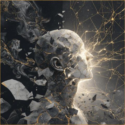 A stone human statue shown from shoulders up, breaking in pieces with gold, glowing cracks.