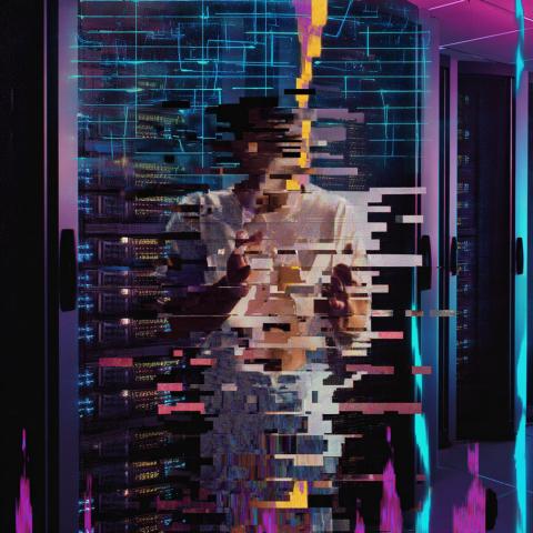 A glitching human figure wearing a white shirt standing in a futuristic room that looks like a data bank. The person's face is obscured, but you can see their hands reach forward slightly.