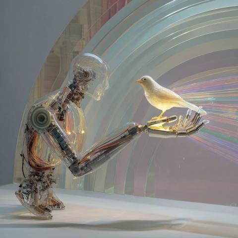 A robot torso ending in two nubs made of glass over exposed machinery and wires. A glass bird sits facing the robot on its outstretched hand, a raindow refracting through its back. Behind them a glass, irisescent arch is partially visible.