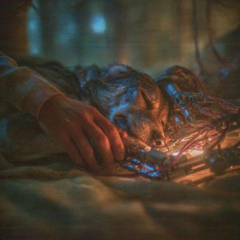 A soft-focus close-up of a dog sleeping on a blanket. A human hand touches its paw gently, reaching in from the right. From the left, a robotic hand with exposed wires lays by the dog's head, with another arm extending to join the human hand.